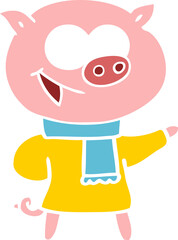 cheerful pig wearing winter clothes flat color style cartoon