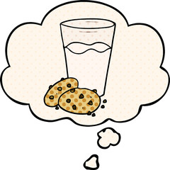 cartoon cookies and milk with thought bubble in comic book style
