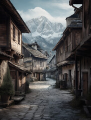 Fototapeta na wymiar Old wooden street with mountains in the background. Generative AI