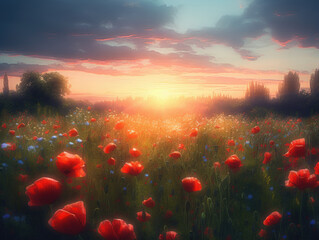 Painting of a field of red poppies at sunset. Generative AI
