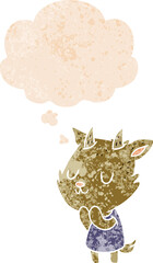 cartoon goat with thought bubble in grunge distressed retro textured style