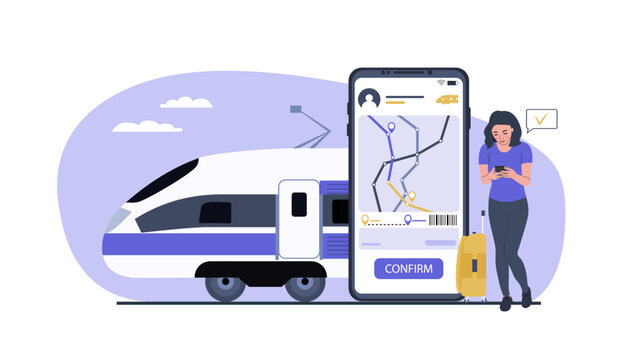 Woman buying train ticket online on smartphone. Vector illustration.