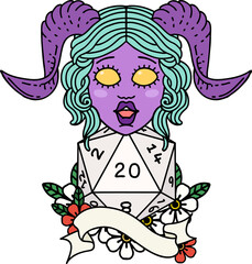 Retro Tattoo Style tiefling with natural twenty dice roll