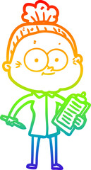 rainbow gradient line drawing of a cartoon happy old woman