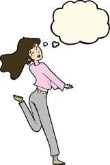 cartoon happy girl kicking out leg with thought bubble