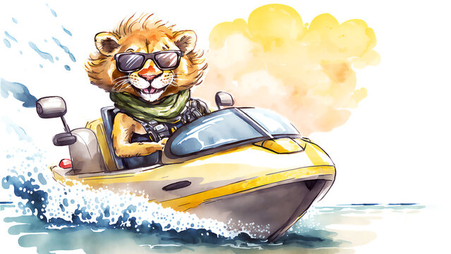 Cute cartoon smilling lion in sunglasses sailing on  jet ski, watercolor, post processed AI generated image