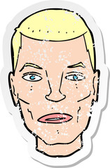 retro distressed sticker of a cartoon serious male face