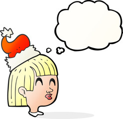freehand drawn thought bubble cartoon girl wearing christmas hat