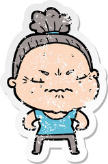 distressed sticker of a cartoon annoyed old lady