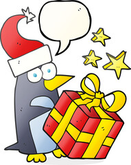 freehand drawn speech bubble cartoon christmas penguin with present