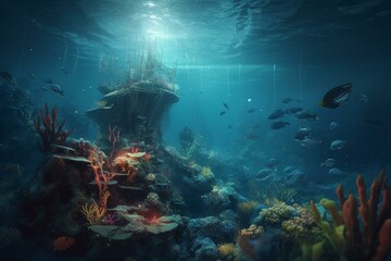 Fototapeta na wymiar Stunning underwater artwork for social media & banners. Features seascape and marine life in a fantastical game-like illustration. Generative AI