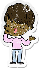 distressed sticker of a cartoon woman talking