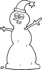 freehand drawn black and white cartoon unhappy snowman
