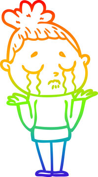 recommend clip art: rainbow gradient line drawing of a cartoon crying woman shrugging