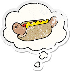 cartoon hot dog with thought bubble as a distressed worn sticker