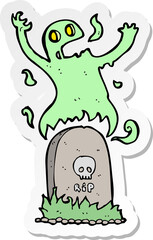sticker of a cartoon ghost rising from grave