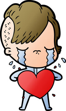 cartoon crying girl with love heart