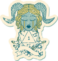 Retro Tattoo Style crying tiefling with natural one D20 roll