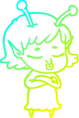 cold gradient line drawing of a cute alien girl cartoon