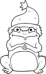freehand drawn black and white cartoon frog wearing christmas hat