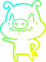 cold gradient line drawing of a nervous cartoon pig