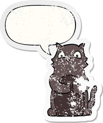 cartoon cat with speech bubble distressed distressed old sticker