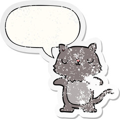 cartoon cat with speech bubble distressed distressed old sticker