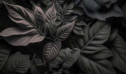 Black leaves backdrop and pattern. Generative AI