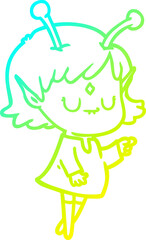 cold gradient line drawing of a cartoon alien girl