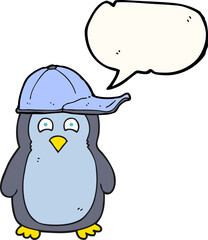 freehand drawn speech bubble cartoon penguin wearing hat