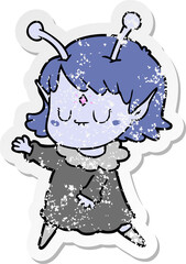 distressed sticker of a cartoon alien girl dancing