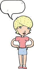 cartoon woman with hands on hips with speech bubble