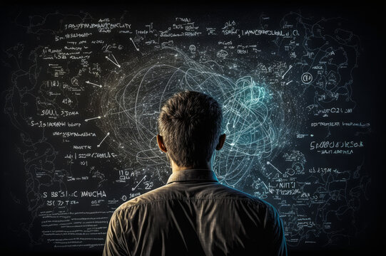 Person standing in front of holographic blackboard visualizing and understanding abstract concepts. Impression of academia and intellectual research with futuristic touches. Generative AI