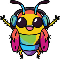 Happy cockroach or roach with headphones listening to music. Kawaii style.