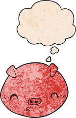 cartoon pig with thought bubble in grunge texture style