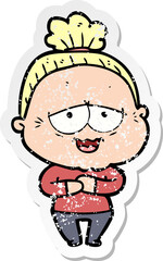 distressed sticker of a cartoon happy old lady