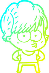 cold gradient line drawing of a cartoon woman