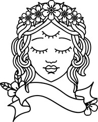 traditional black linework tattoo with banner of female face with third eye