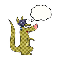 freehand drawn thought bubble cartoon kangaroo with graduation cap