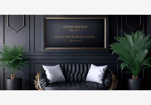 Stylish Black And Gold Living Room Design With Black Couch, Potted Plants, And Framed Wall Art - Perfect For Modern Interiors! Frame Mockup Template Generative AI