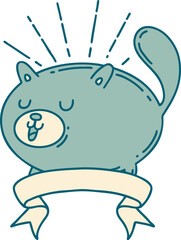 scroll banner with tattoo style happy cat