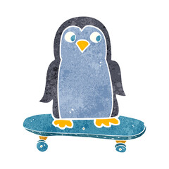 freehand retro cartoon penguin riding skateboard