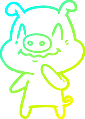 cold gradient line drawing of a nervous cartoon pig