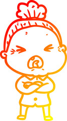 warm gradient line drawing of a cartoon angry old woman