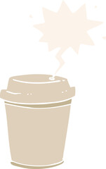 cartoon takeout coffee cup with speech bubble in retro style