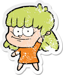 distressed sticker of a cartoon girl smiling