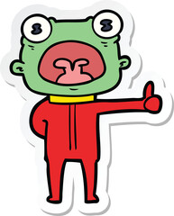 sticker of a cartoon weird alien communicating