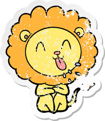 distressed sticker of a happy cartoon lion