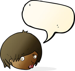 cartoon female face with raised eyebrow with speech bubble