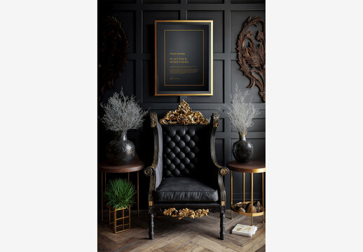 Stylish Black Chair With Gold Accents In Room With Mirror, Planters, And Wooden Floor - Perfect For Interior Design And Home Decor Stock Photos Frame Mockup Template Generative AI